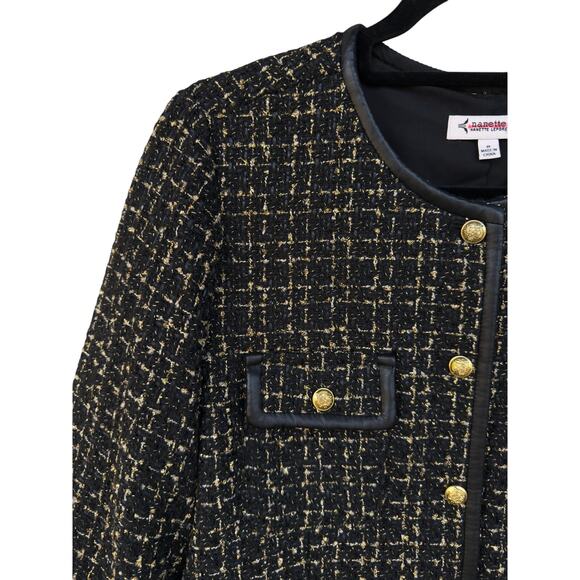 Nanette Lepore Black Gold Tweed Jacket Faux Leather Trim Buttons Sz 8 Career - Picture 5 of 11